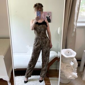 LEOPARD PRINT PAJAMAS 2 PIECE FAUX FUR TRIM STRETCH WAIST BROWN BLACK TOP PANTS